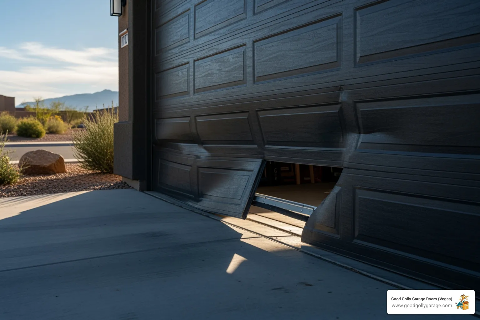 Infographic showing the main components of a garage door system including the opener motor mounted on the ceiling, torsion springs above the door, vertical tracks on either side, safety sensors at the bottom of the tracks, and the emergency release cord hanging from the opener carriage - garage door won't open anthem nv