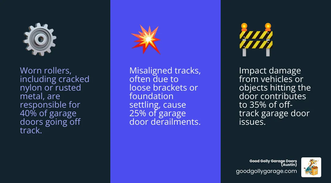 Infographic showing the three most common causes of garage doors going off track: 1) Impact damage from vehicles or objects hitting the door, with an illustration of a bent track, 2) Worn rollers shown as cracked nylon and rusted metal rollers falling out of alignment, and 3) Misaligned tracks depicted with loose bolts and brackets causing gaps between the roller and track. Each cause includes a percentage showing worn rollers account for 40% of cases, impact damage 35%, and misaligned tracks 25%. - why is my garage door off track in leander tx infographic 3_facts_emoji_blue