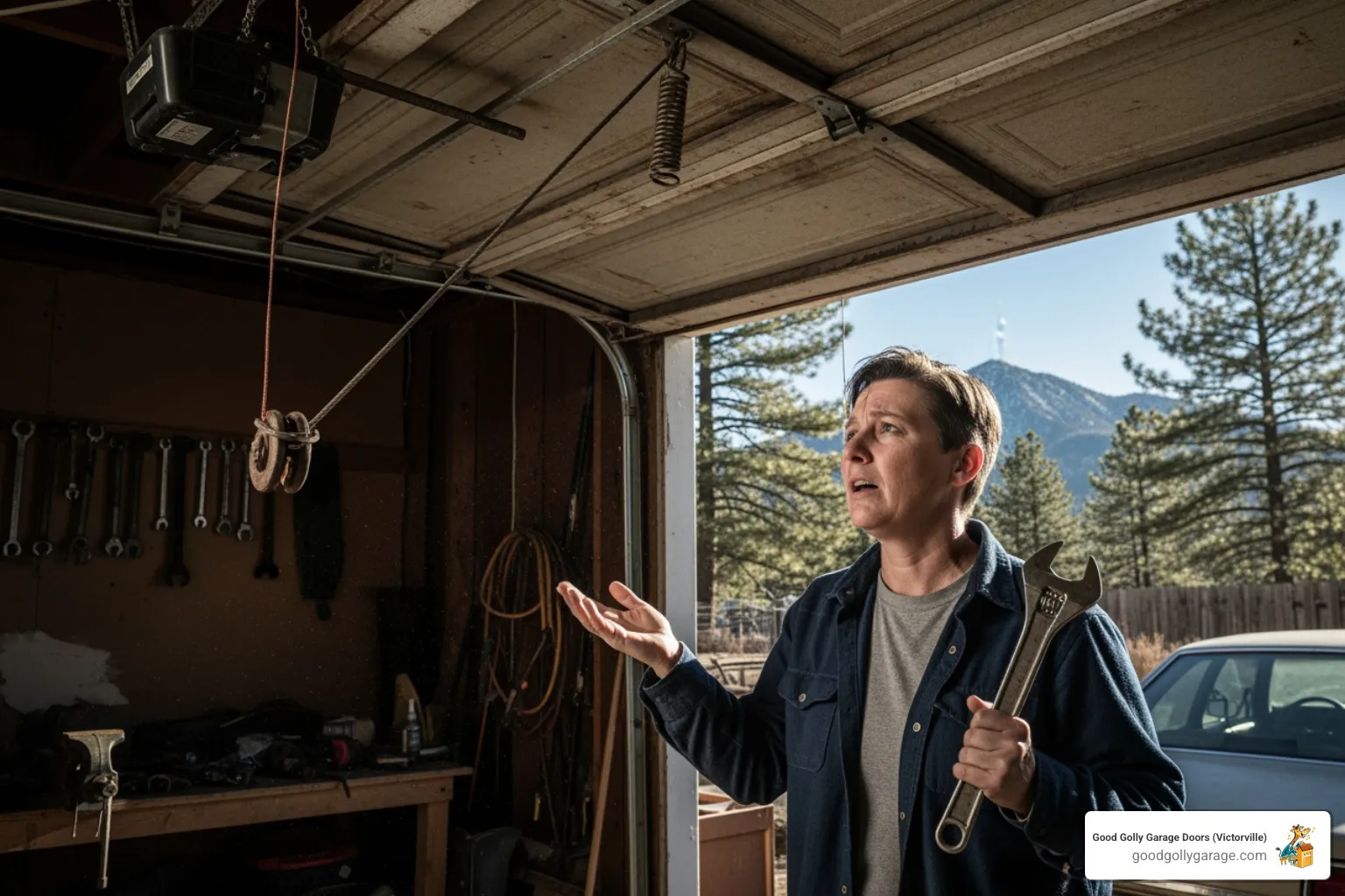 Infographic showing the top 5 causes of a noisy garage door: 1) Lack of lubrication on rollers and hinges, 2) Loose nuts, bolts, and brackets from vibration, 3) Worn metal rollers grinding on tracks, 4) Misaligned or bent tracks, 5) Aging or broken springs under tension - why is my loud garage door in wrightwood ca