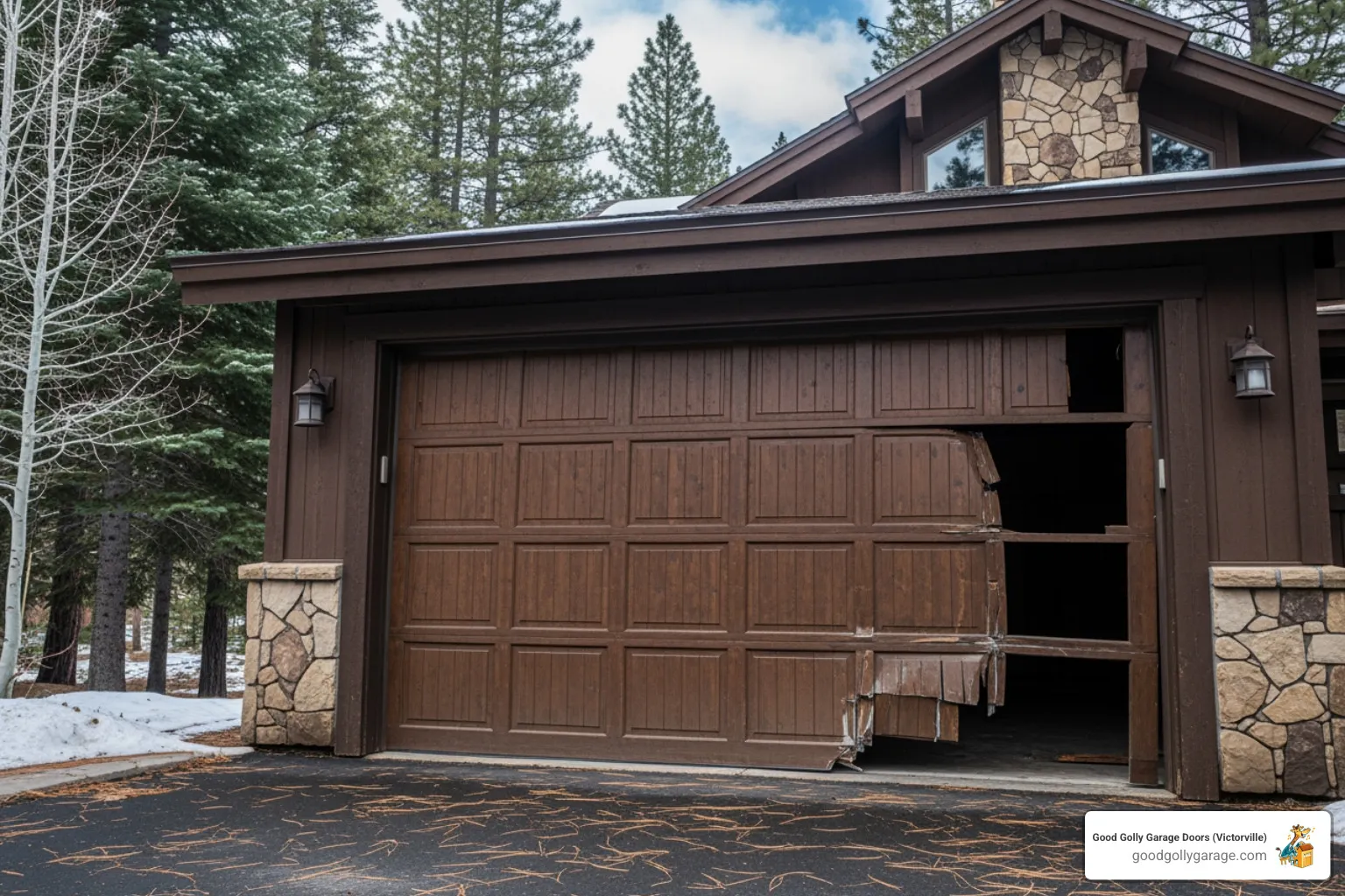 Infographic showing the top 5 warning signs your garage door needs immediate repair: 1) Door won't open or close completely, 2) Loud grinding or scraping noises during operation, 3) Door moves unevenly or appears crooked, 4) Visible gaps when door is closed, 5) Broken or frayed cables and springs - broken garage door repair in crestline ca