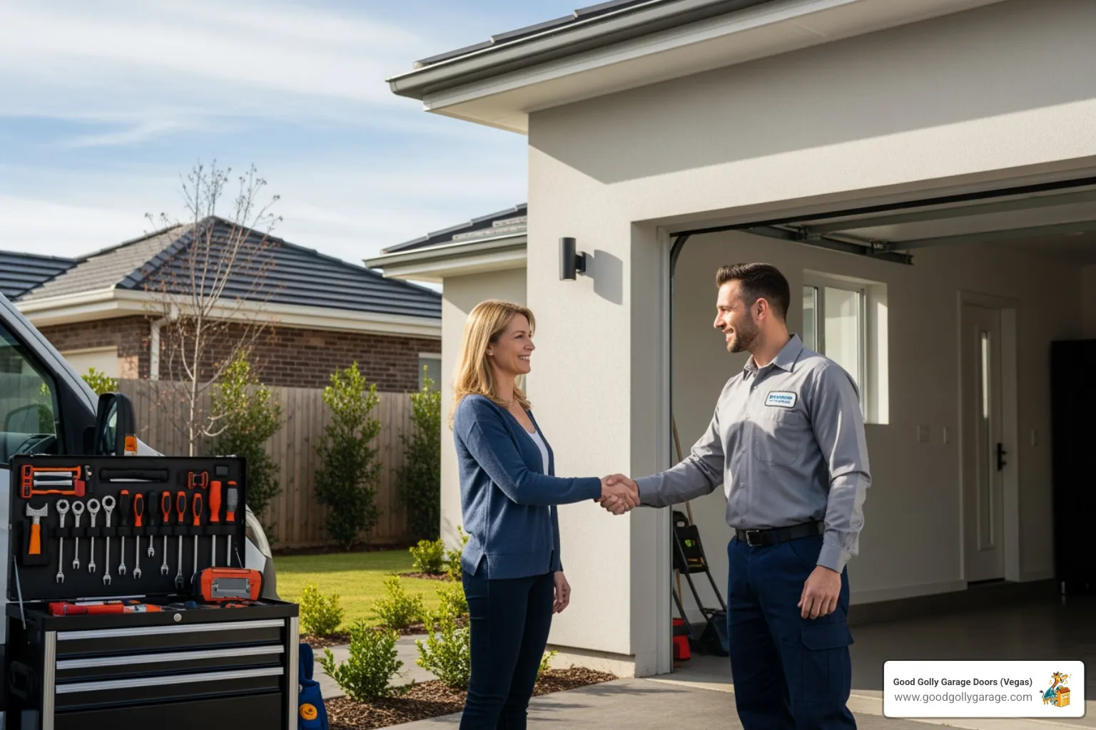 A friendly technician shaking hands with a satisfied homeowner - garage door repair summerlin nv