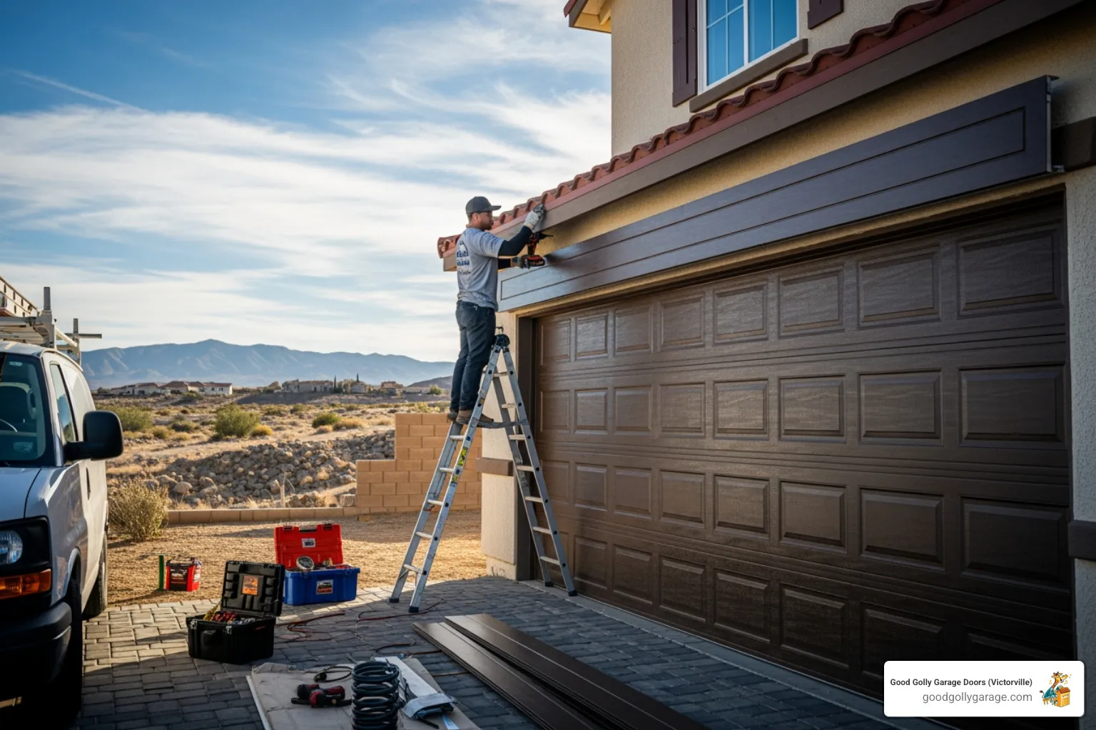 Infographic showing the top 3 benefits of new garage door installation: Improved Security with modern locks and reinforced panels that deter break-ins; Improved Energy Efficiency through insulated doors that reduce heat transfer and lower cooling costs; and Increased Property Value through curb appeal upgrades - Garage Door Installation in Adelanto CA