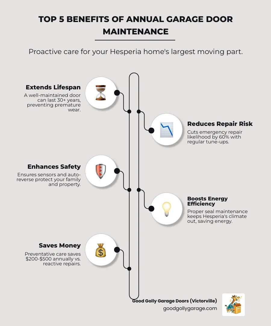 infographic showing annual garage door maintenance benefits including extended lifespan up to 30+ years, 60% reduction in emergency repair risk, improved safety through sensor and auto-reverse testing, enhanced energy efficiency with proper seal maintenance, and cost savings of $200-500 annually versus reactive repairs - garage door maintenance company in hesperia ca infographic infographic-line-5-steps-elegant_beige