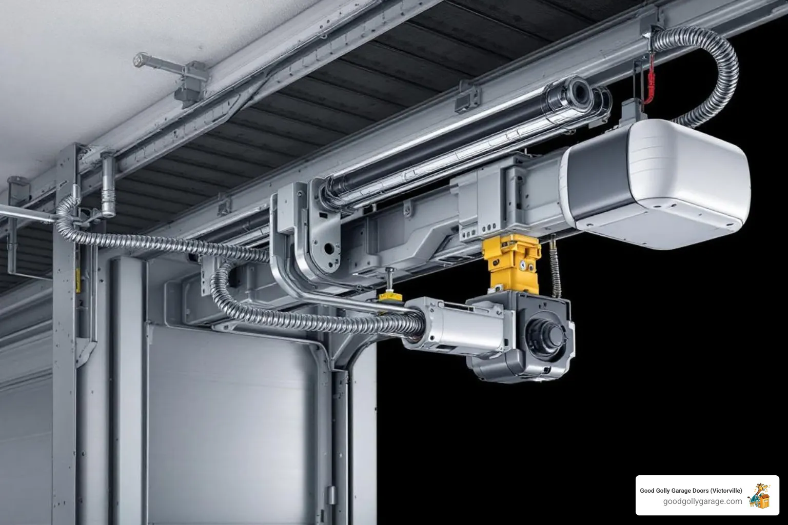 Infographic illustrating the main noise-producing parts of a garage door system: rollers, tracks, springs, hinges, and opener - why is my loud garage door in oak hills ca