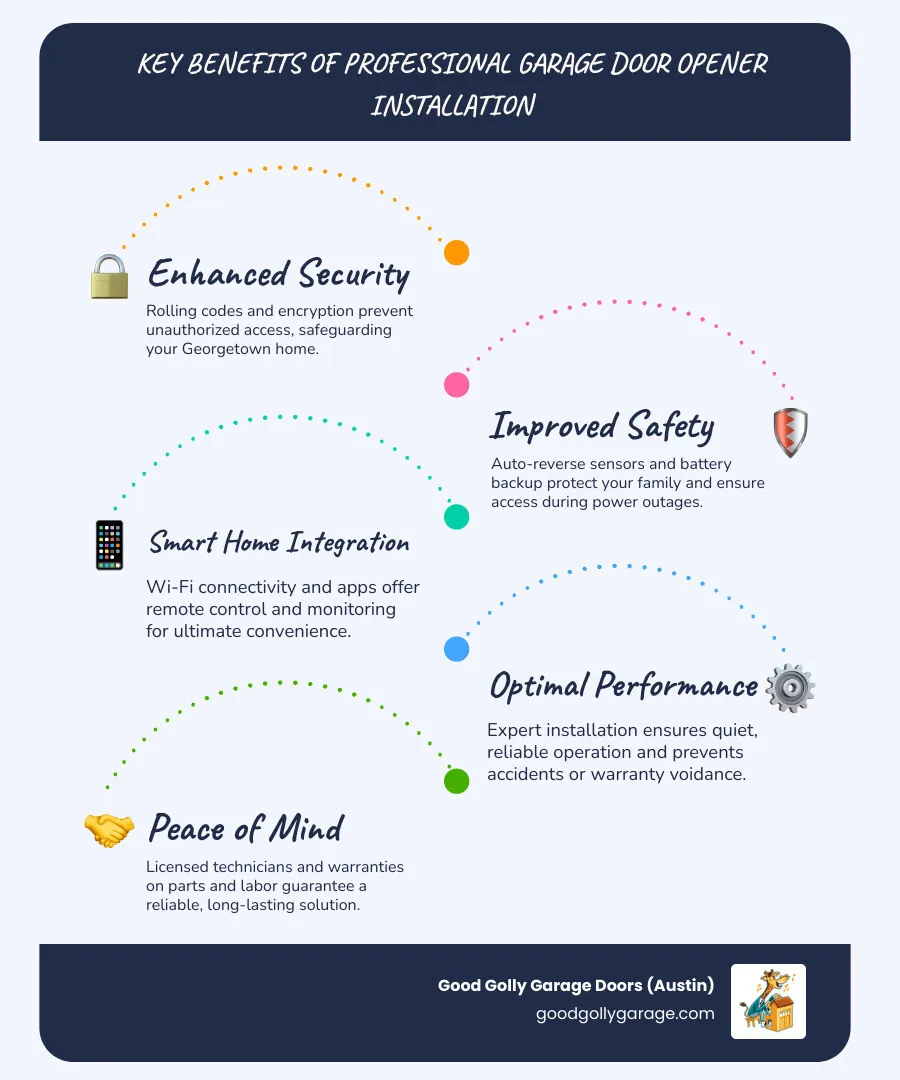 Infographic showing the key benefits of a professional garage door opener installation: enhanced home security with rolling codes and encryption, improved safety with auto-reverse sensors and battery backup, smart home integration with Wi-Fi control and MyQ app, quiet and reliable operation, proper installation to prevent accidents and warranty voidance, and peace of mind with licensed technicians and warranties on parts and labor - Garage Door Opener Installation Company in Georgetown TX infographic infographic-line-5-steps-blues-accent_colors