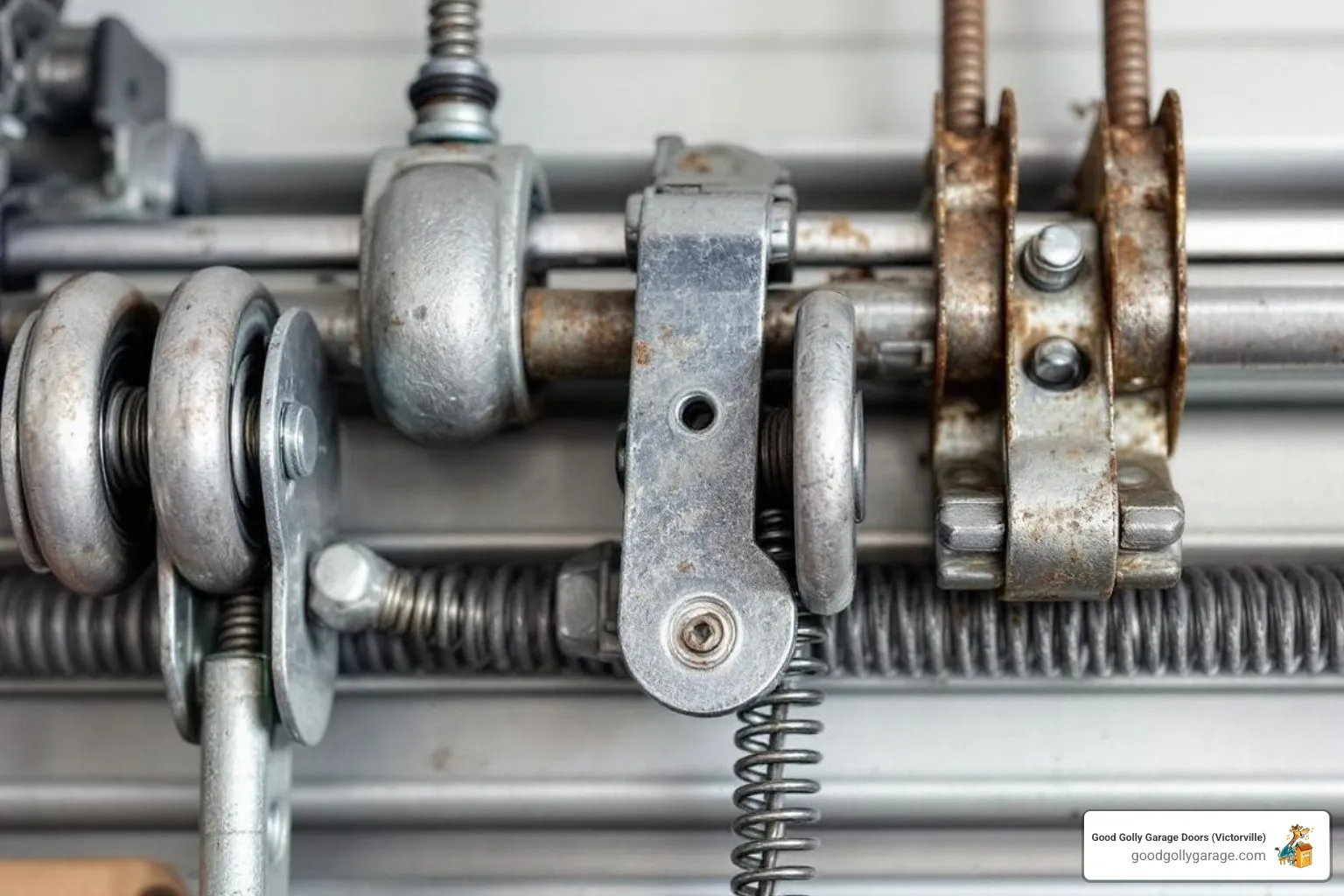 Infographic showing the top 5 causes of a noisy garage door: 1) Lack of lubrication on metal parts, 2) Loose nuts, bolts, and screws, 3) Worn or damaged rollers, 4) Hesperia's dust and temperature extremes, 5) Broken or aging springs. Each cause includes a small icon and brief description of the noise type it produces. - why is my loud garage door in hesperia ca