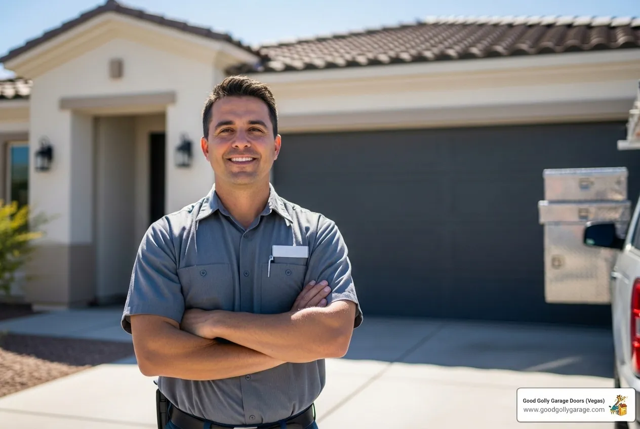 Infographic showing key criteria for selecting top-rated garage door repair companies in Las Vegas including 24/7 availability, customer review ratings, technician credentials, service offerings like repair and installation, warranty coverage, response time expectations, and service area coverage across Las Vegas metro neighborhoods - "Can You List Some of the Top-Rated Garage Door Repair Companies in Las Vegas?"