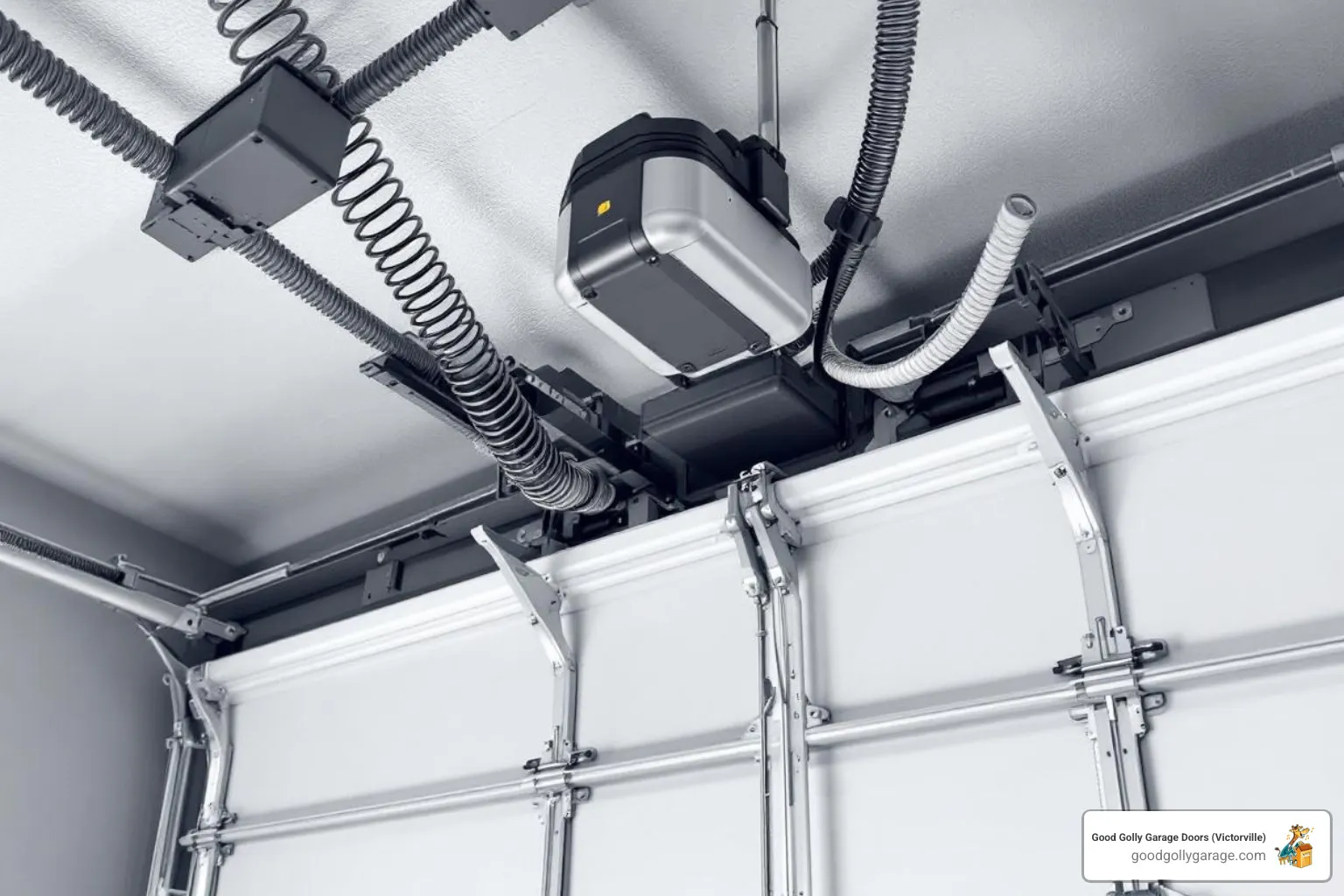 Infographic showing the main components of a garage door system that cause noise: opener motor at the top, torsion springs above the door, rollers along the tracks on both sides, hinges between panels, and loose hardware scattered throughout, with labels indicating common noise types for each component - Why Is My Loud Garage Door in Crestline CA