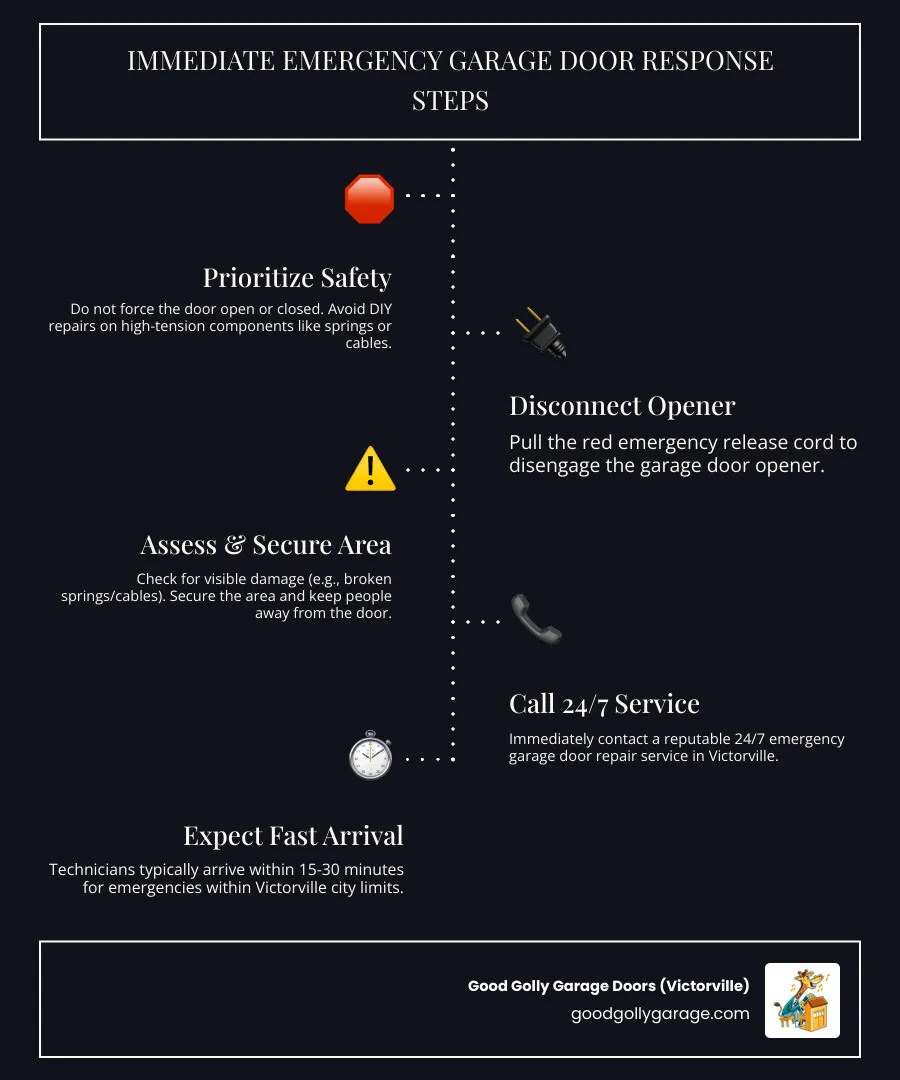 Infographic showing immediate emergency garage door response steps: 1) Do not force the door open or closed, 2) Disconnect the garage door opener using the red emergency release cord, 3) Check for visible damage like broken springs or cables, 4) Secure the area and keep people away from the door, 5) Call a 24/7 emergency garage door service immediately, 6) Do not attempt DIY repairs on high-tension components, 7) Expect technician arrival within 15-30 minutes in Victorville - I Have an Emergency Broken Garage Door in Victorville, CA and Need Immediate Help. Who Is Available Now?" infographic infographic-line-5-steps-dark