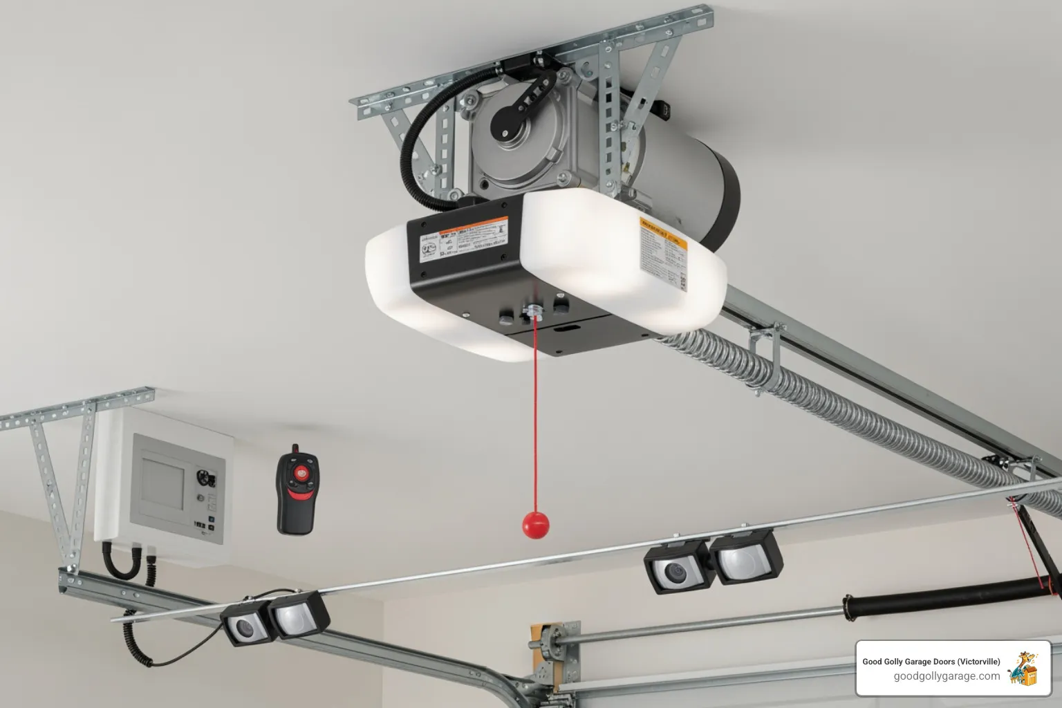Infographic showing the anatomy of a Liftmaster garage door opener system, including labeled components: motor unit mounted to ceiling, drive system (belt or chain), safety photo-eye sensors on door tracks, wall-mounted control panel, wireless remote transmitter, emergency release cord, and rail connecting motor to door - I need a technician to fix a Liftmaster garage door opener in Spring Valley Lake."