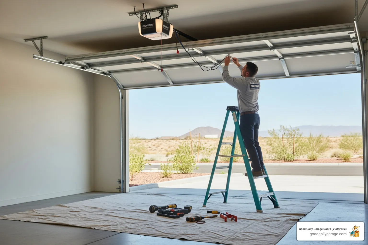 Infographic showing the professional garage door opener installation process: Initial home assessment and opener selection, safe removal of old equipment, precise mounting and alignment of new unit, safety sensor installation and testing, final demonstration and warranty explanation - Best garage door opener installation service in Adelanto."