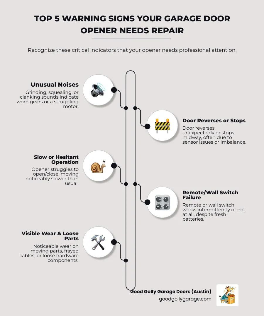 Infographic showing the top 5 warning signs your garage door opener needs repair: unusual grinding or squealing noises, door reversing unexpectedly or stopping midway, slow or hesitant opening and closing, remote or wall switch not responding consistently, and visible wear on moving parts or loose hardware - best garage door opener repair in round rock tx infographic-line-5-steps-elegant_beige