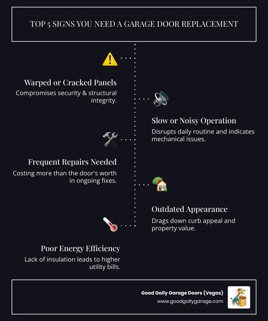 infographic showing the top 5 signs you need a garage door replacement: warped or cracked panels, slow or noisy operation, frequent repairs, outdated appearance, and poor energy efficiency - garage door replacement company north las vegas nv infographic infographic-line-5-steps-dark