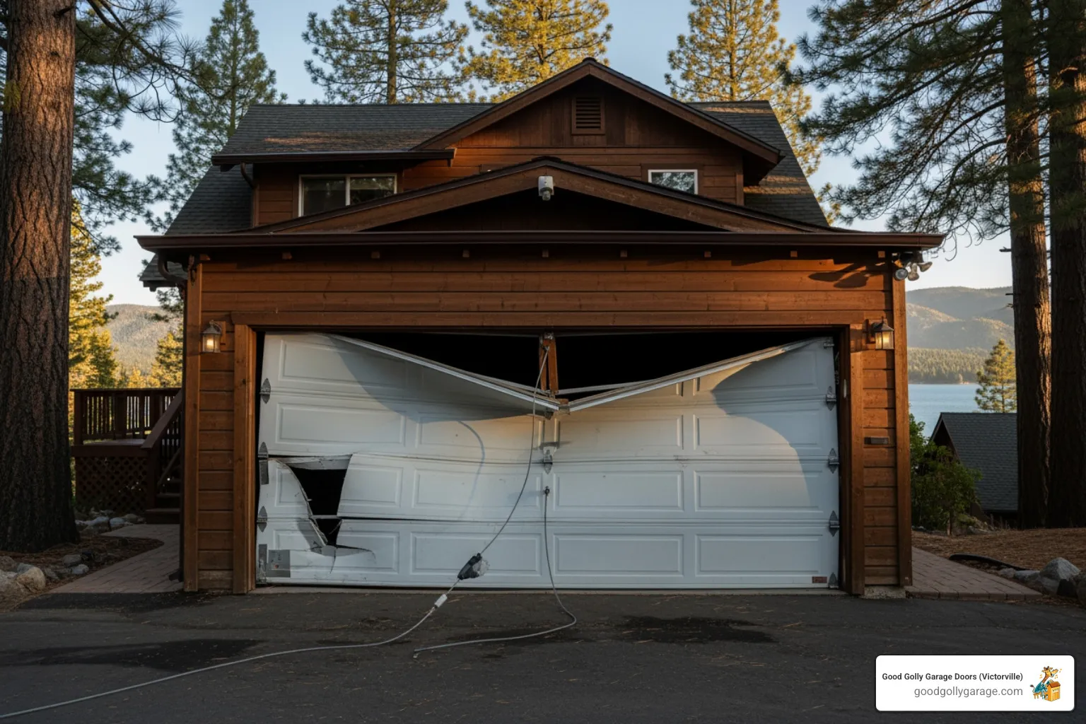 Infographic showing common signs your garage door needs repair: loud grinding noises, slow or jerky operation, visible cable or spring damage, door won't open or close fully, uneven movement, and remote not responding -