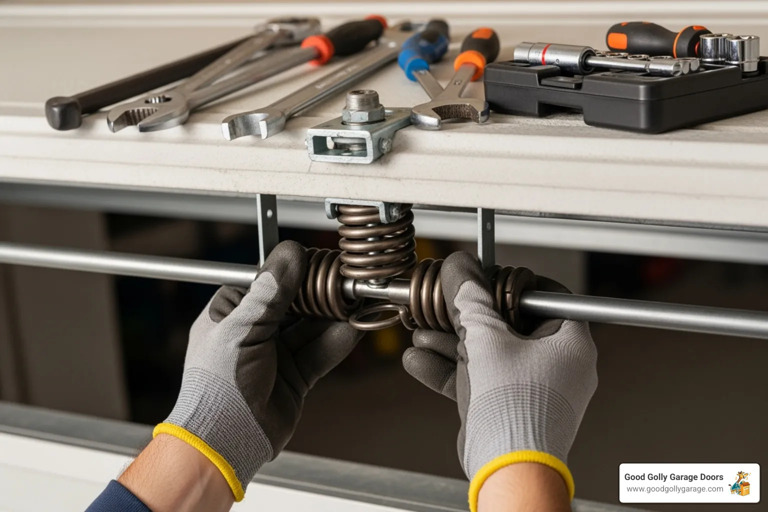 Technician wearing gloves repairing garage door spring mechanism with tools, emphasizing safety and professional expertise in garage door repair services.