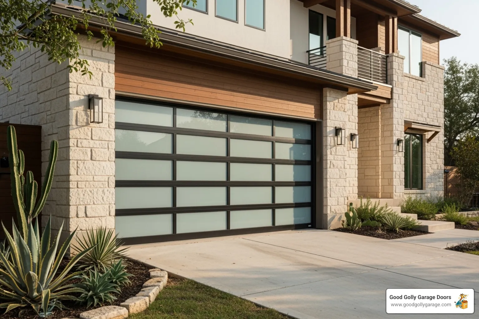 Modern garage door with glass panels and sleek black frame, showcasing stylish design for residential property in Austin, TX, surrounded by landscaped plants and stone pathway, representing Good Golly Garage Doors' installation services.