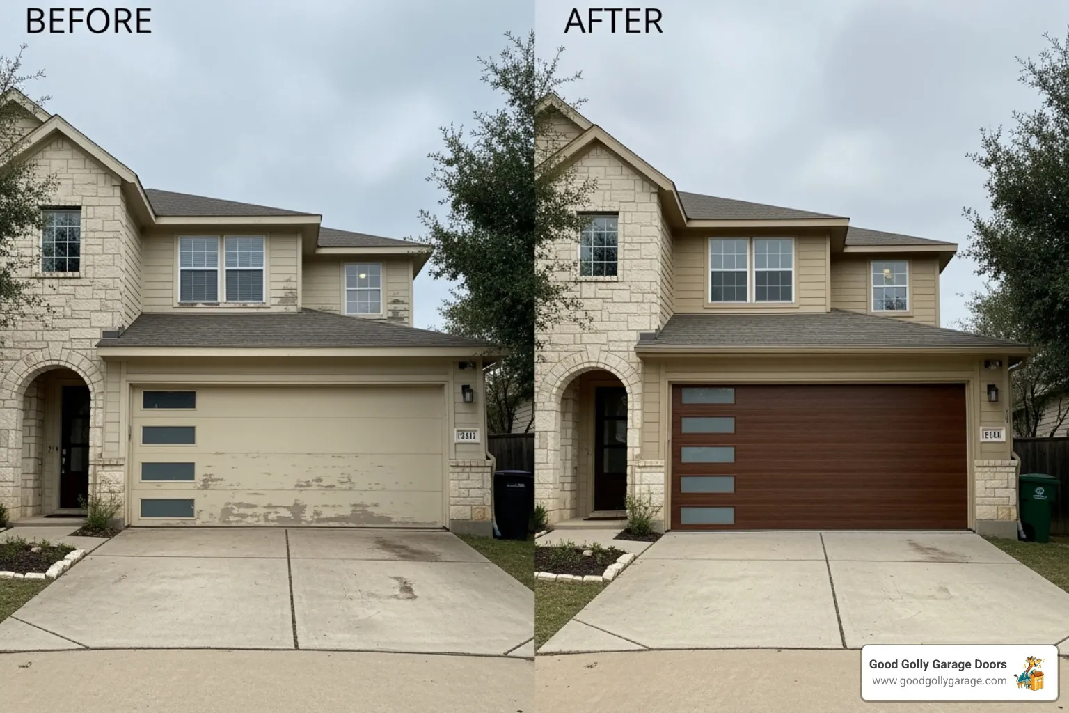Before and after comparison of a garage door transformation, showcasing a premium garage door installation by Good Golly Garage Doors, enhancing curb appeal and home value in Austin, TX.