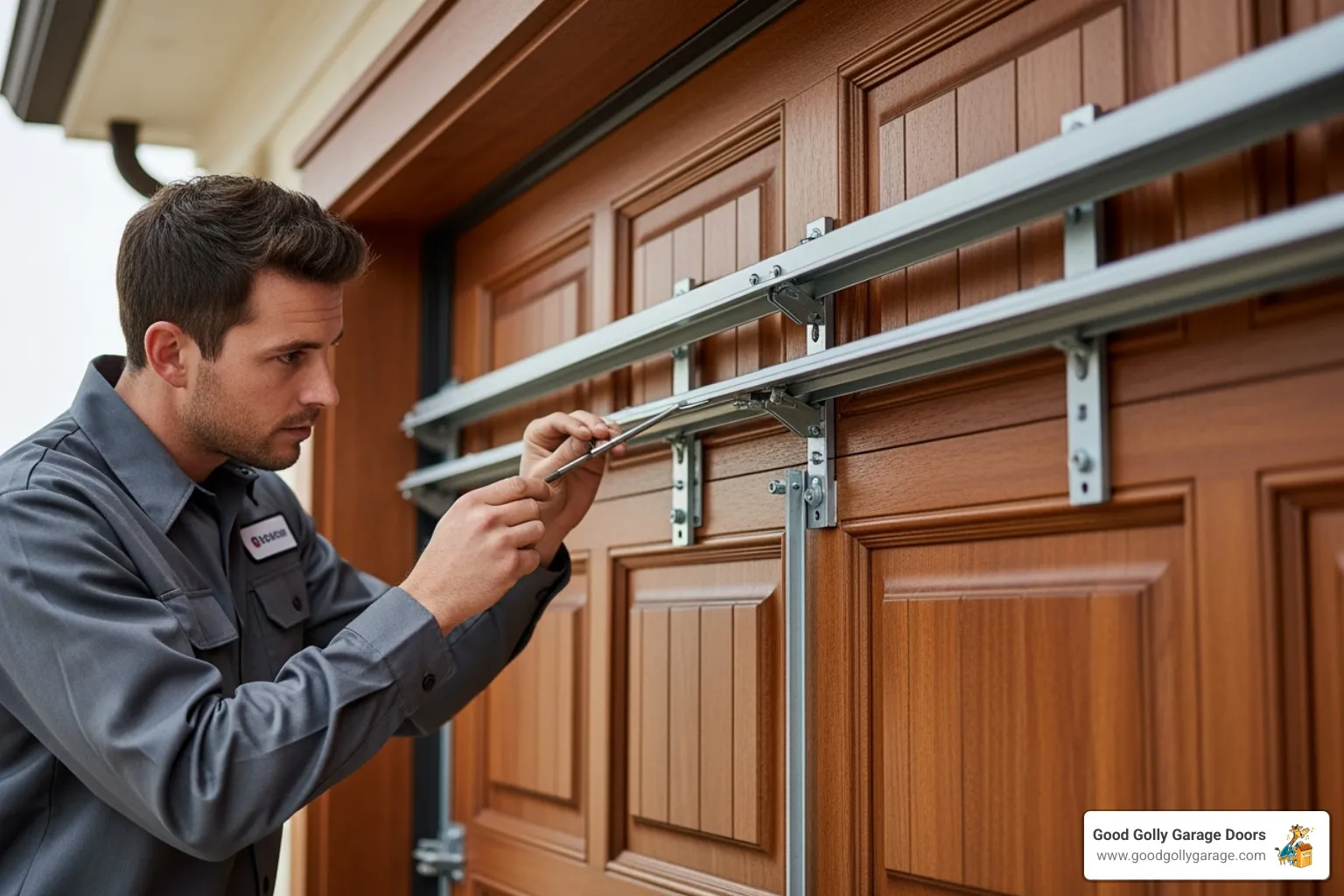 Technician adjusting garage door tracks on premium wooden garage door, highlighting specialized repair services for high-end installations in Austin, TX.