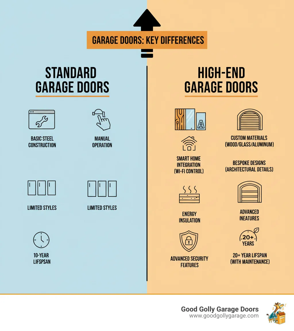 Garage doors comparison infographic highlighting key differences between standard and high-end garage doors, featuring icons for construction materials, operation types, smart home integration, lifespan, and security features, branded with Good Golly Garage Doors logo.