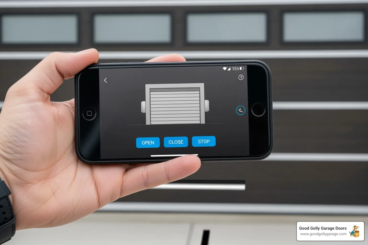 Smartphone displaying garage door control interface with options to open, close, and stop, set against a modern garage door background, illustrating smart upgrades for high-end garage doors.