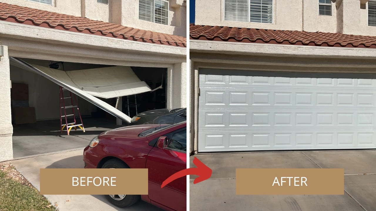 Split image showing a garage door repair. Left: a broken, tilted garage door with a red car outside. 