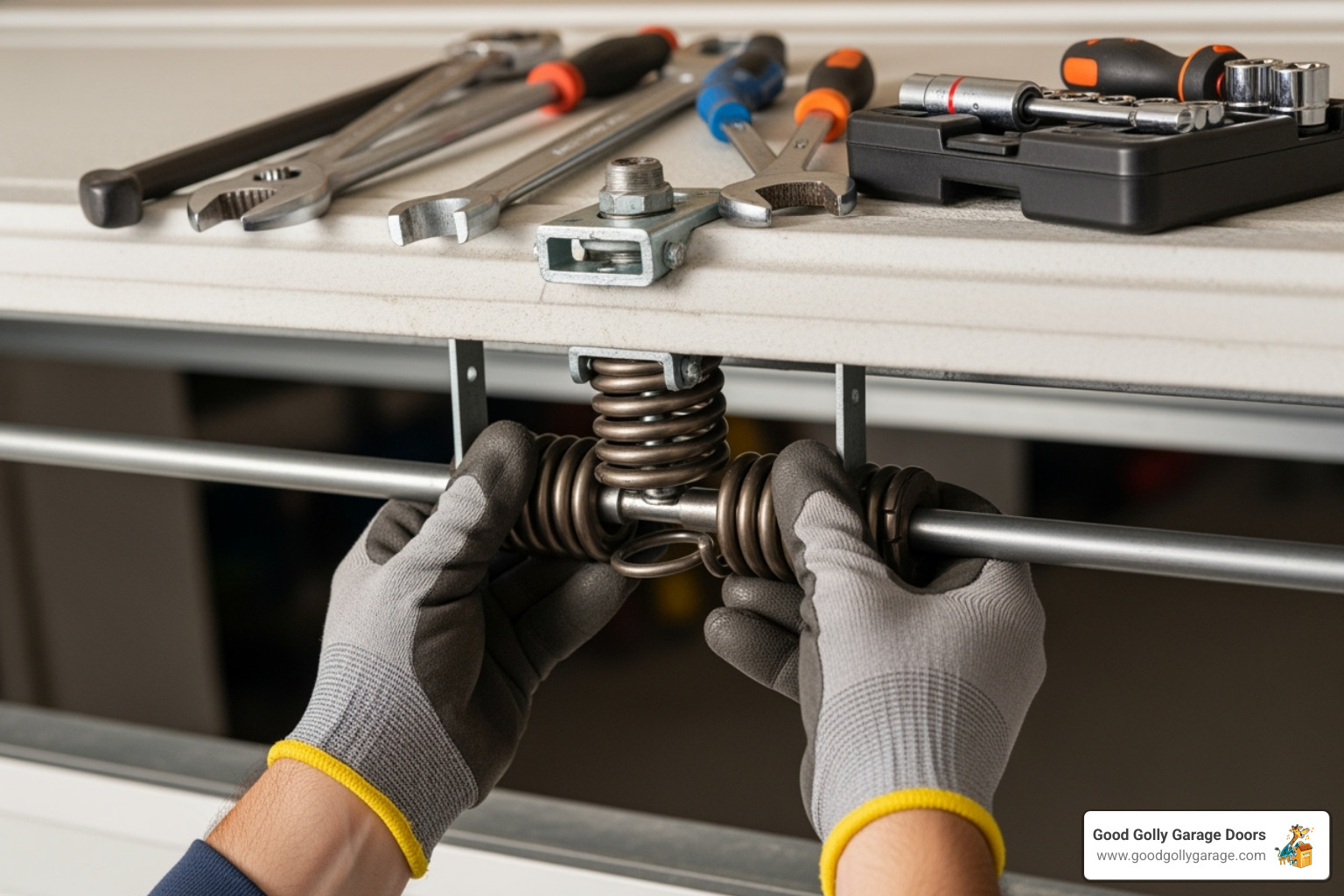 Technician wearing gloves repairing garage door spring mechanism with tools, emphasizing safety and professional expertise in garage door repair services.
