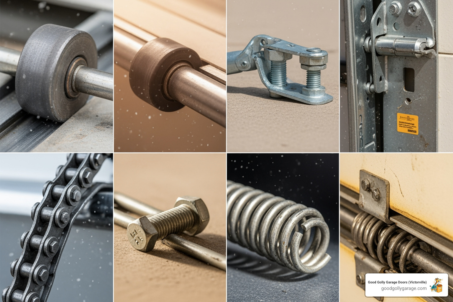 Infographic showing the main causes of loud garage doors: worn metal rollers creating grinding sounds, dry hinges causing squeaking, loose hardware producing rattling, chain-drive openers generating vibration noise, broken springs making popping sounds, and misaligned tracks causing scraping, with special callout showing how Barstow heat and dust accelerate these problems - Infographic: Why Is My Loud Garage Door In Barstow CA