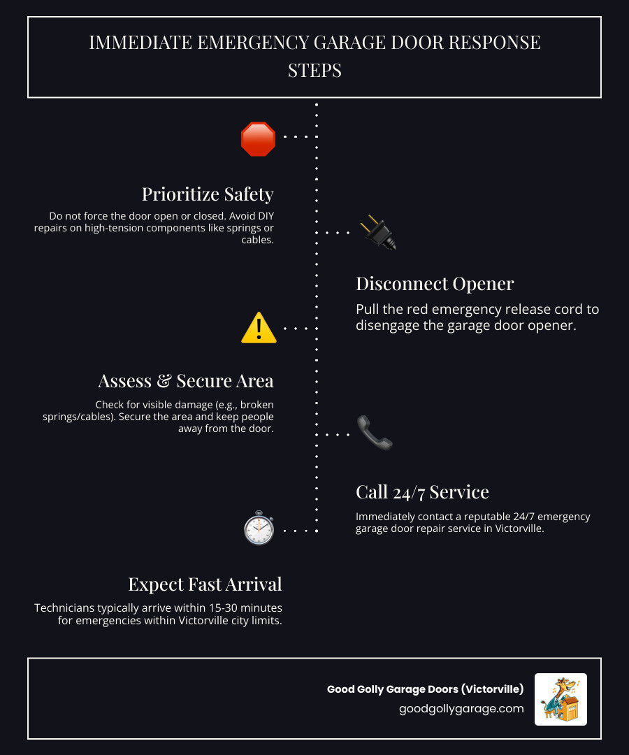 Infographic showing immediate emergency garage door response steps: 1) Do not force the door open or closed, 2) Disconnect the garage door opener using the red emergency release cord, 3) Check for visible damage like broken springs or cables, 4) Secure the area and keep people away from the door, 5) Call a 24/7 emergency garage door service immediately, 6) Do not attempt DIY repairs on high-tension components, 7) Expect technician arrival within 15-30 minutes in Victorville - I Have an Emergency Broken Garage Door in Victorville, CA and Need Immediate Help. Who Is Available Now?" infographic infographic-line-5-steps-dark