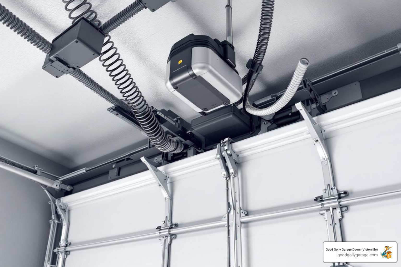 Infographic showing the main components of a garage door system that cause noise: opener motor at the top, torsion springs above the door, rollers along the tracks on both sides, hinges between panels, and loose hardware scattered throughout, with labels indicating common noise types for each component - Why Is My Loud Garage Door in Crestline CA