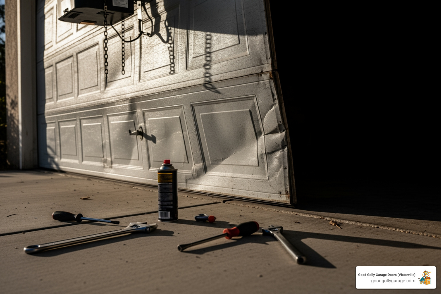 infographic showing common causes of garage door noise including worn rollers, dry hinges, loose hardware, broken springs, and debris in tracks, with visual indicators for each issue - Loud Garage Door Repair in Running Springs CA