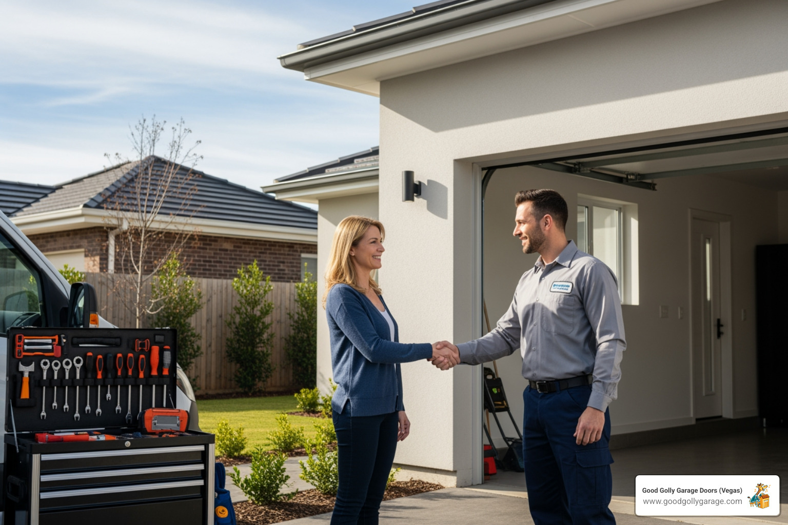 A friendly technician shaking hands with a satisfied homeowner - garage door repair summerlin nv