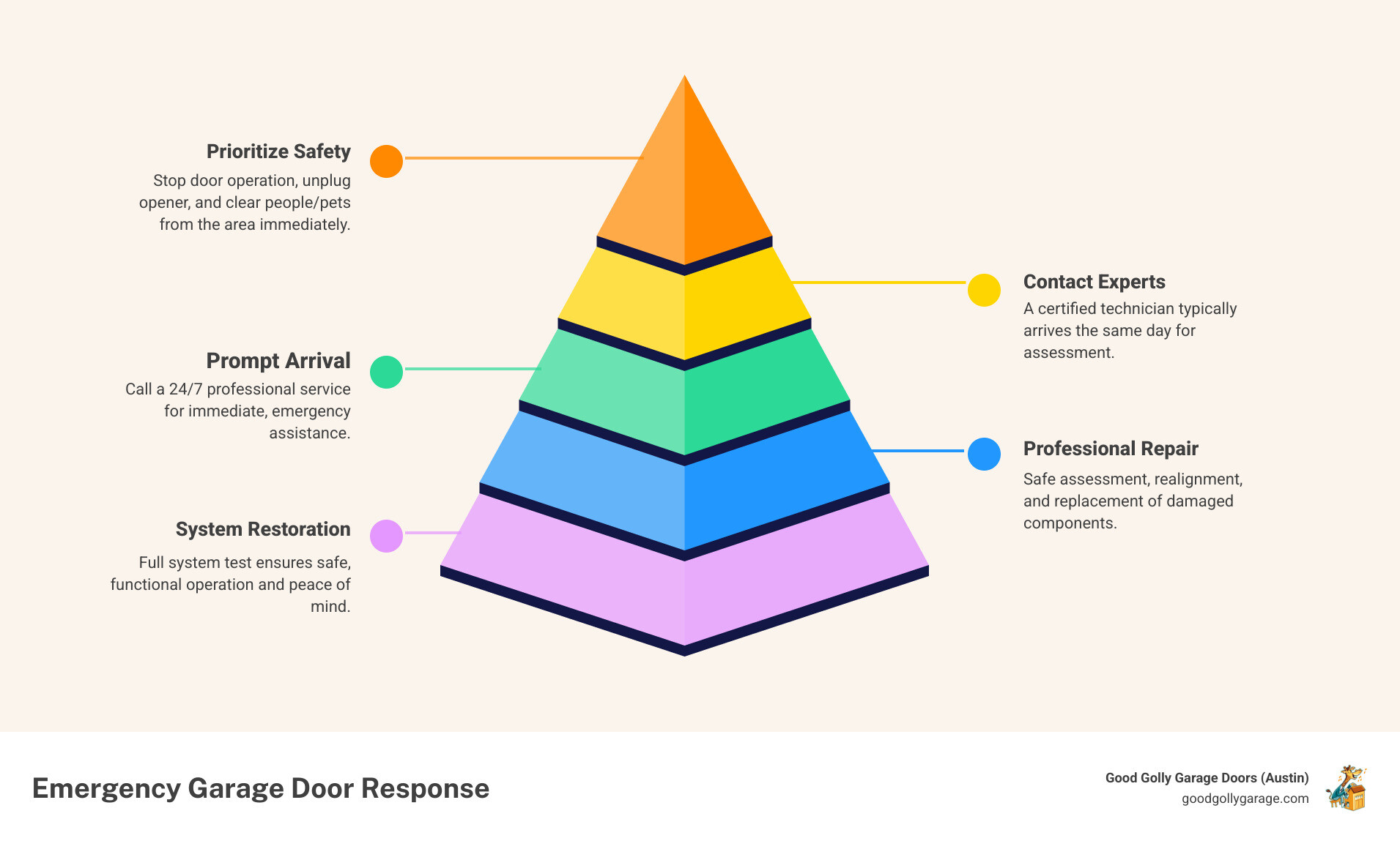Infographic showing the emergency response process: 1. Stop operation and unplug opener, 2. Clear the area of people and pets, 3. Call 24/7 professional service, 4. Technician arrives same-day, 5. Safe assessment and repair, 6. Full system test and restoration - emergency garage door off track in cedar park tx infographic pyramid-hierarchy-5-steps