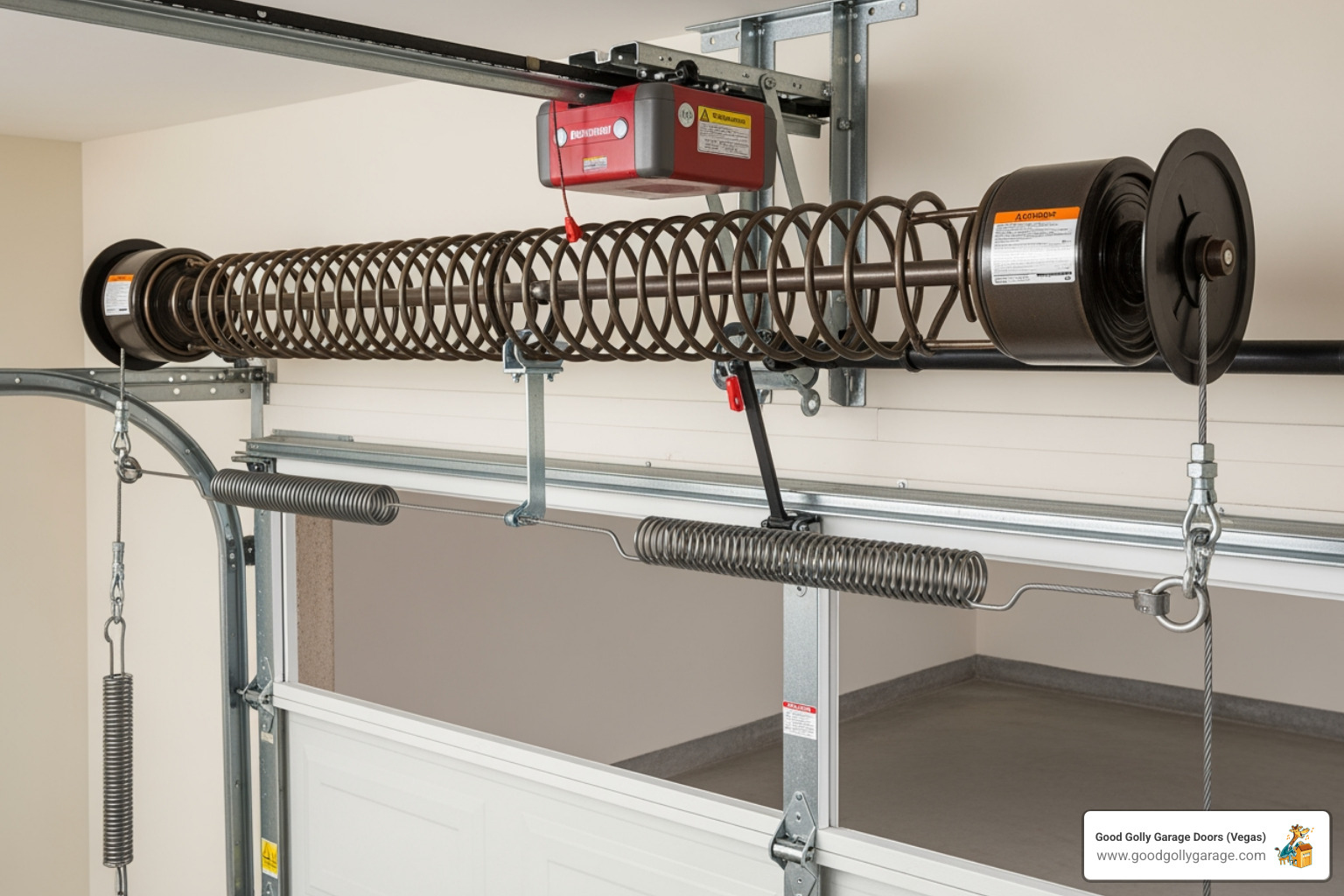 image comparing a torsion spring above a garage door and an extension spring on the side - why is my garage door spring broken henderson nv