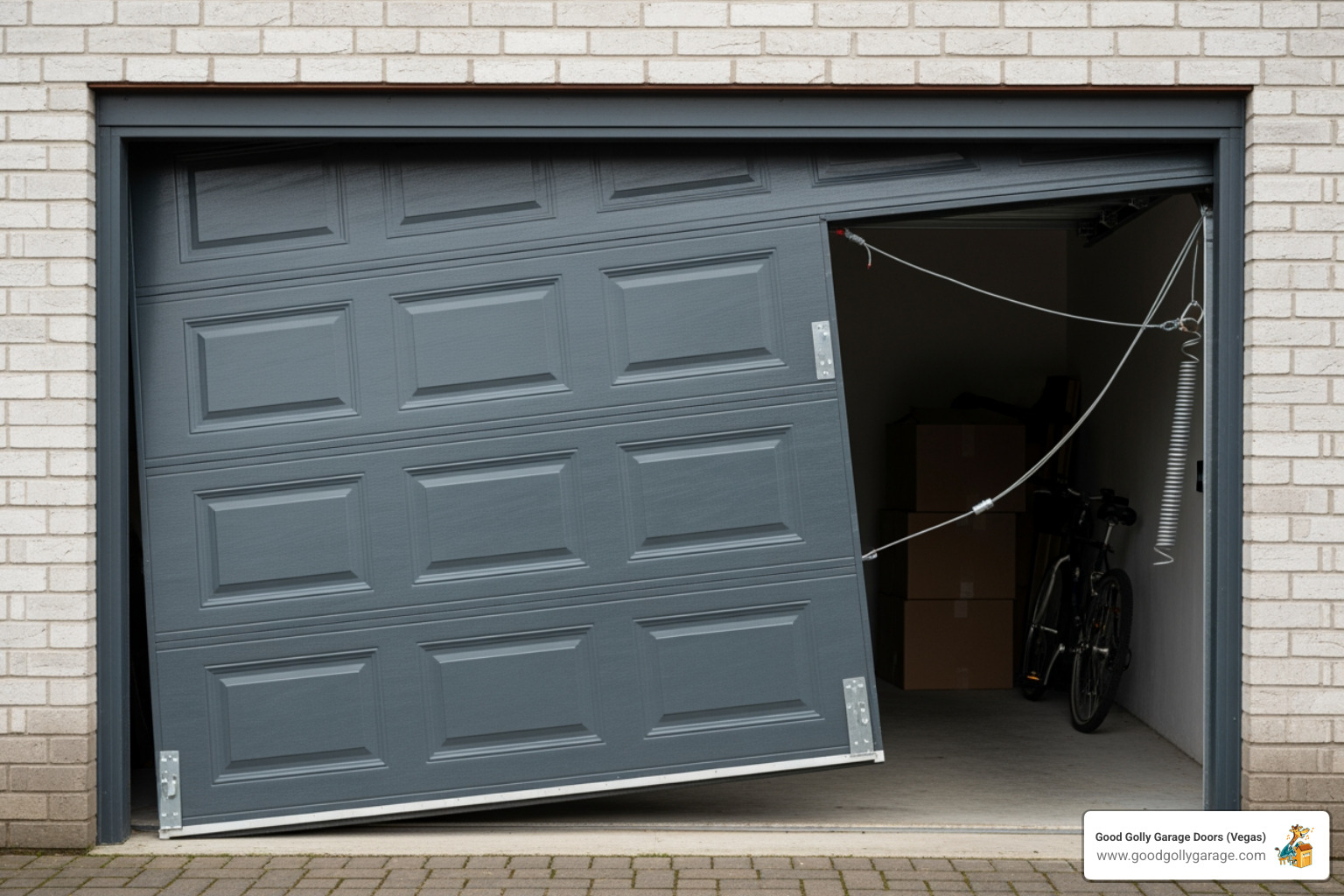 image of a garage door that is visibly crooked or stuck halfway open - why is my garage door spring broken henderson nv
