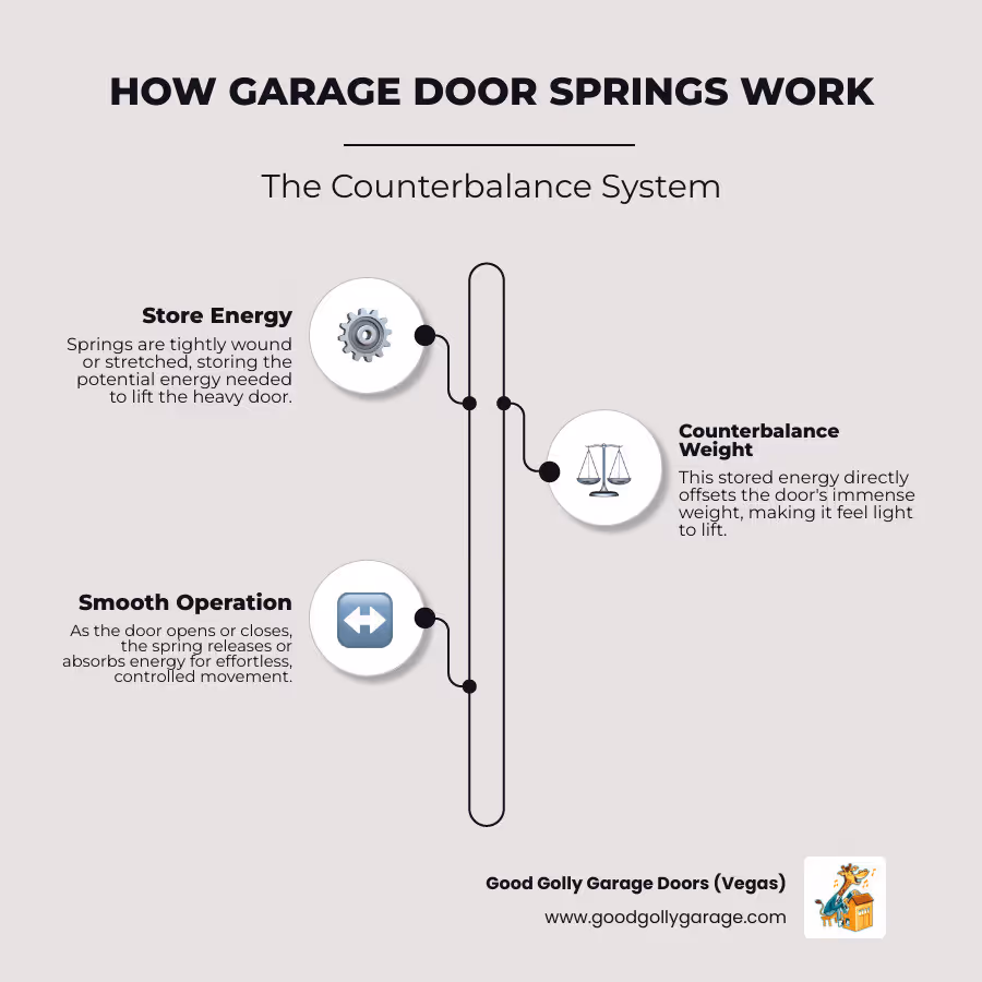 Infographic showing how garage door springs act as a counterbalance system, storing and releasing energy to lift and lower the heavy garage door, ensuring smooth and safe operation - garage door spring broken repair paradise nv infographic infographic-line-3-steps-elegant_beige