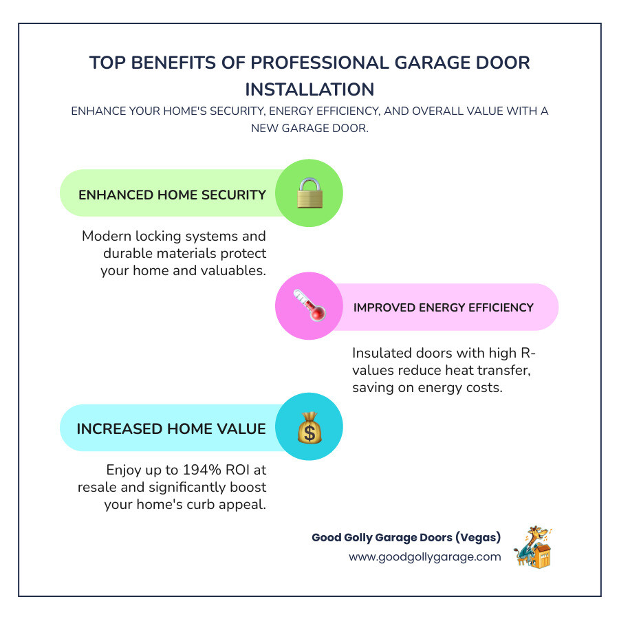 Infographic showing the top benefits of professional garage door installation: Enhanced Home Security with modern locking systems and durable materials, Improved Energy Efficiency through insulated doors with high R-values reducing heat transfer, and Increased Home Value with up to 194% ROI at resale plus improved curb appeal - garage door installation company north las vegas nv infographic infographic-line-3-steps-colors