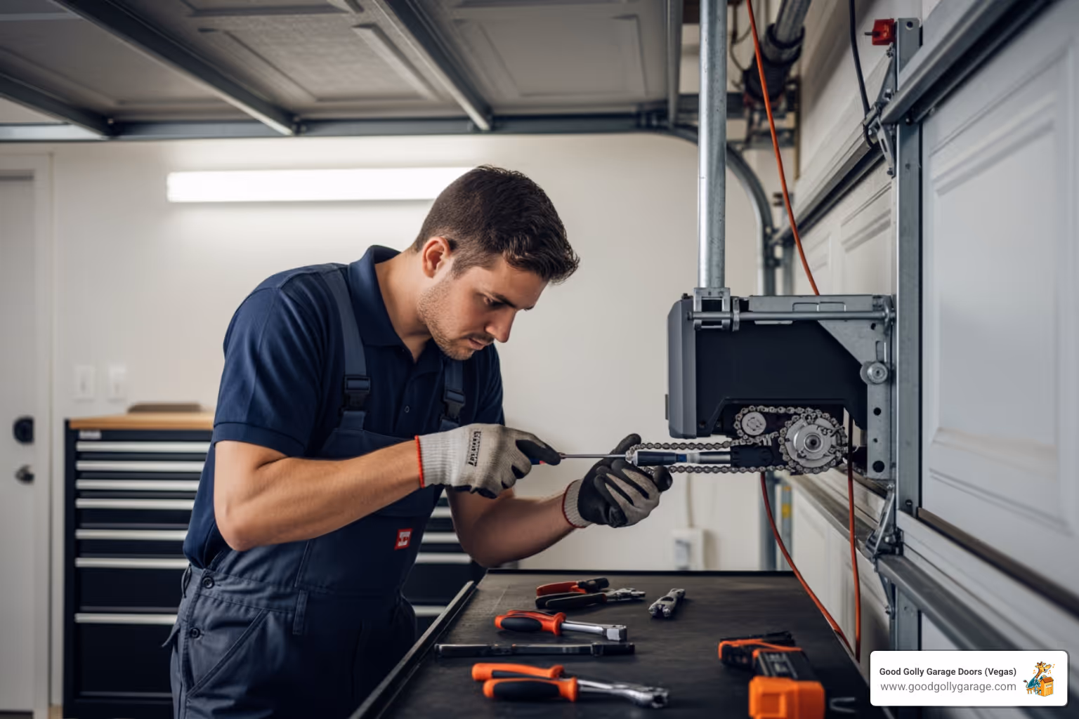 A technician lubricating a garage door chain. - garage door opener repair troubleshooting north las vegas nv
