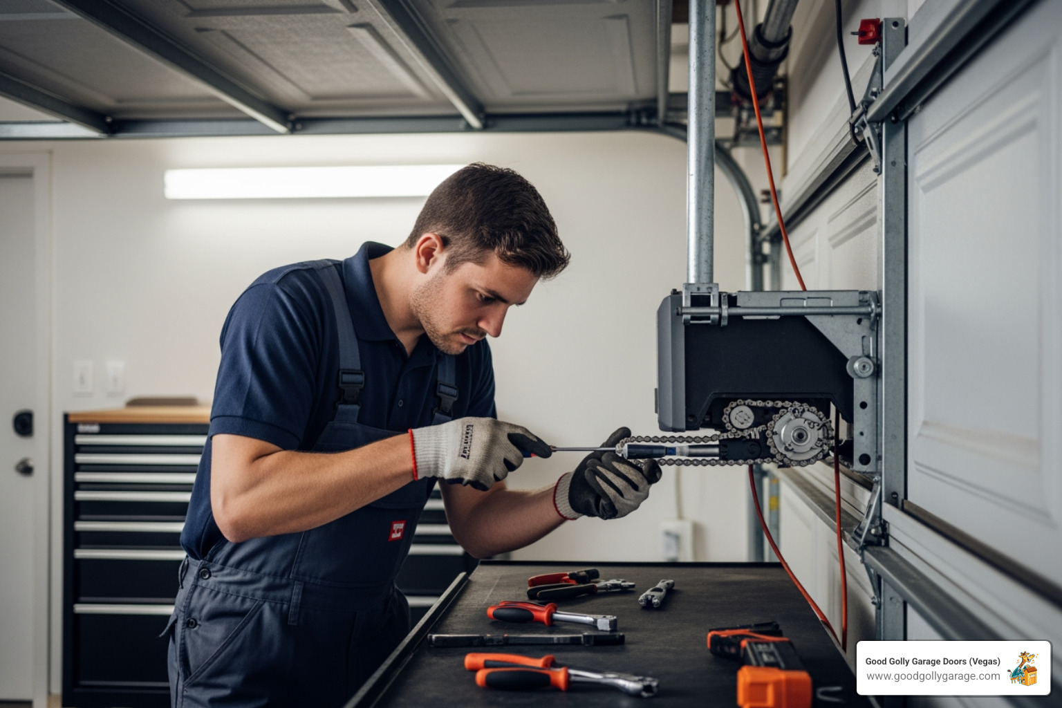 A technician lubricating a garage door chain. - garage door opener repair troubleshooting north las vegas nv