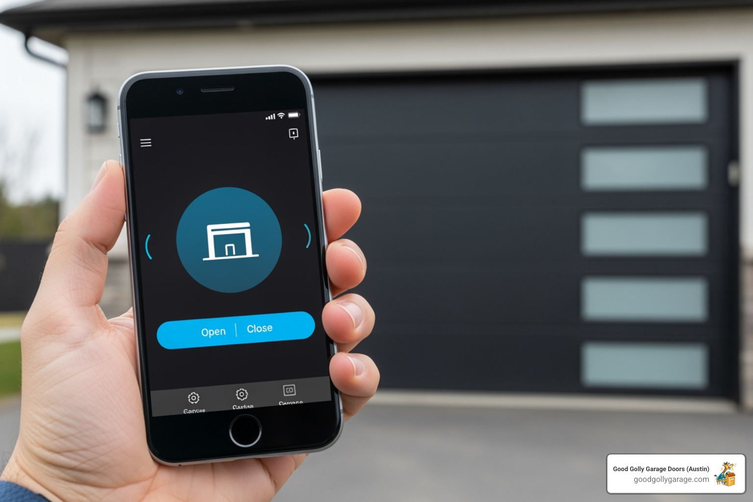 A smart garage door opener being controlled by a smartphone, illustrating convenience and modern home integration - garage door installation in west lake tx