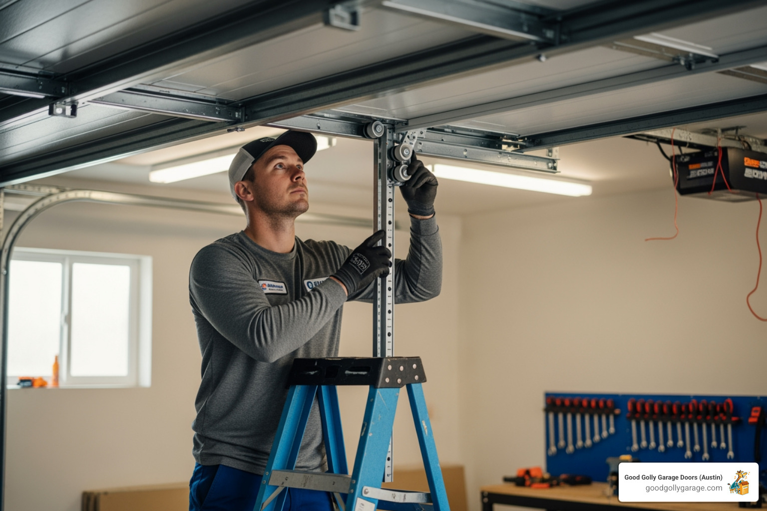A professional technician carefully installing a garage door section, ensuring precision and safety during the process - garage door installation in west lake tx