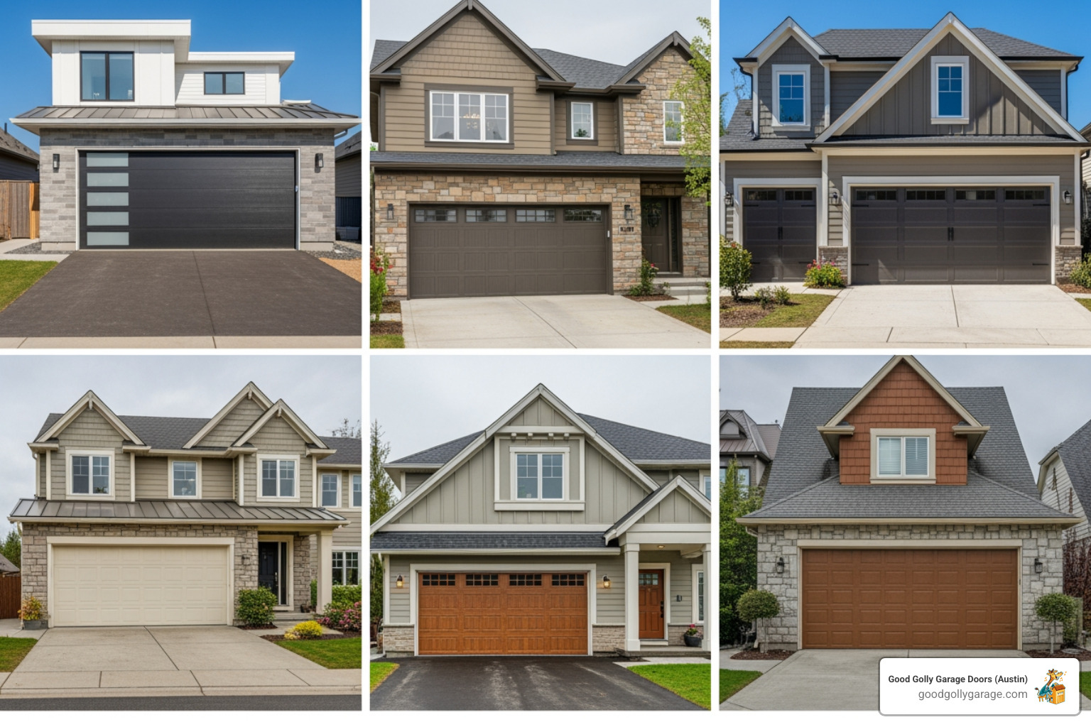 A collage showing different garage door styles like modern, carriage house, and traditional, complementing various home architectures - garage door installation in west lake tx