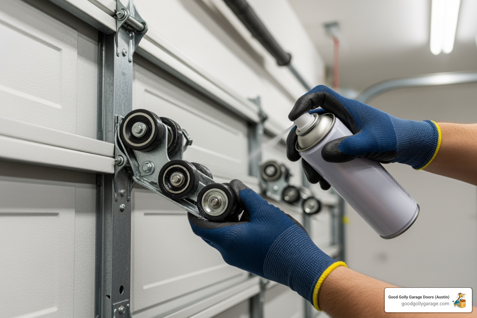 technician lubricating garage door rollers - professional garage door maintenance in bee cave tx