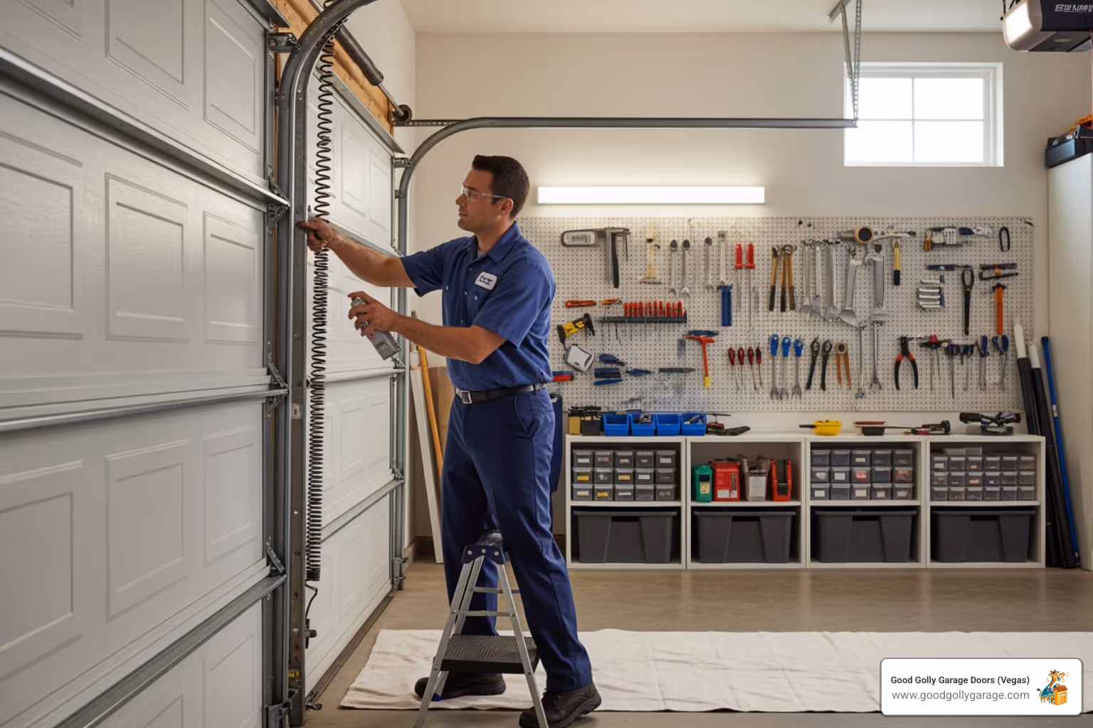 technician lubricating garage door hinges - why is my garage door off track summerlin nv