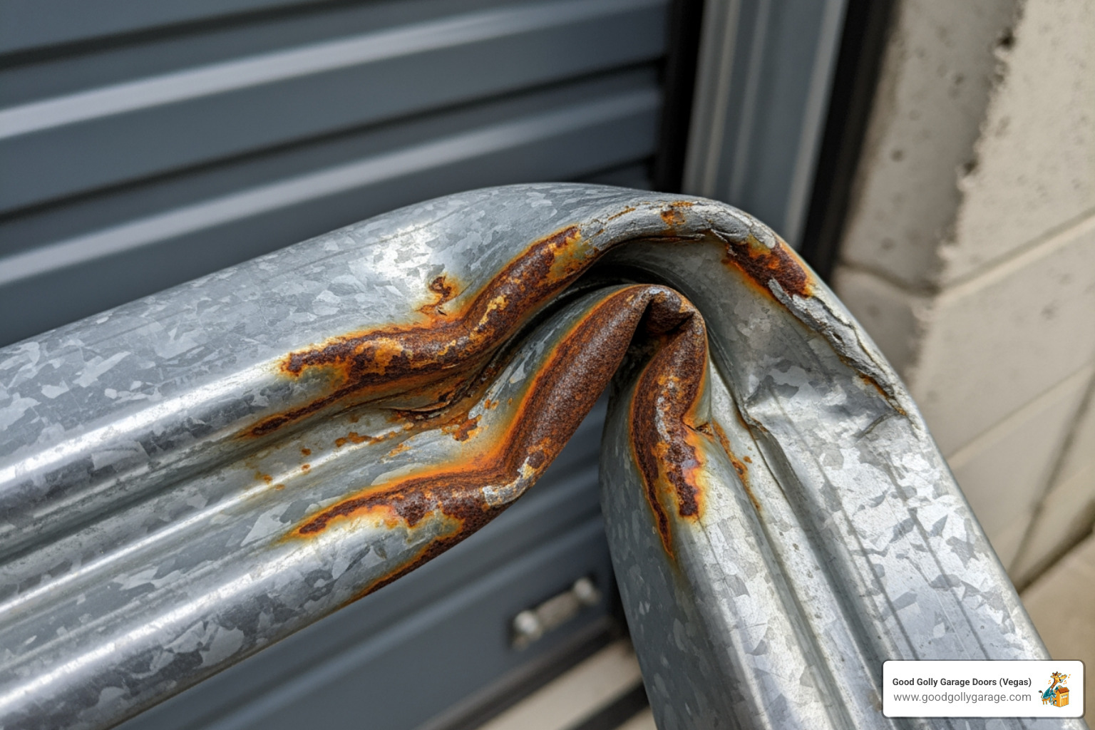 A bent and damaged metal garage door track, showing visible signs of impact or stress, possibly with some rust or wear - why is my garage door off track north las vegas nv