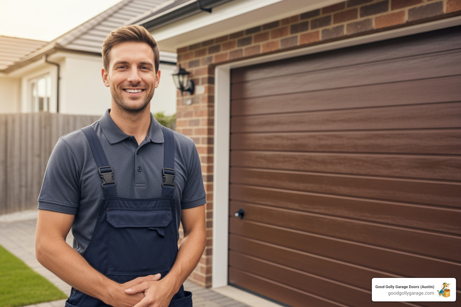 friendly technician smiling after successful garage door installation - professional garage door installation in spanish oaks tx