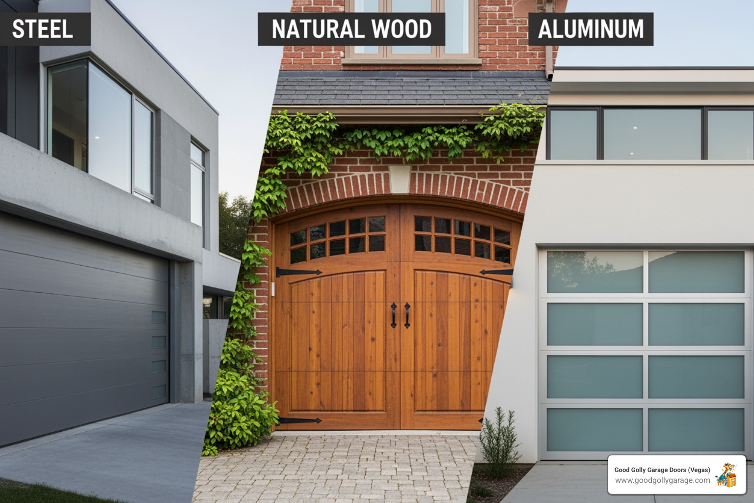 A collage showing different garage door materials like steel, wood, and aluminum, each suited for various architectural styles and climates - garage door installation henderson nv