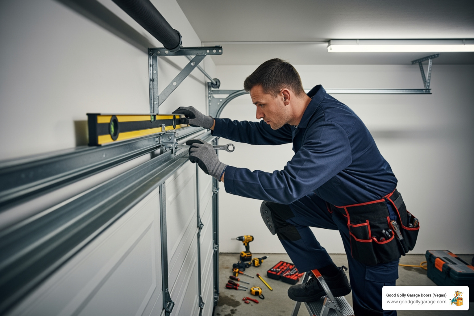 A skilled technician carefully aligning a garage door track during installation, emphasizing precision and expertise - garage door installation henderson nv