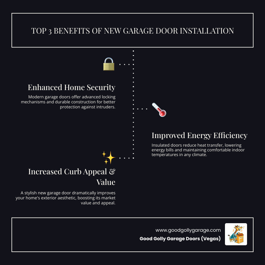 Infographic showing the top three benefits of new garage door installation: enhanced home security and safety, improved energy efficiency and insulation, and increased curb appeal and property value - garage door installation henderson nv infographic infographic-line-3-steps-dark