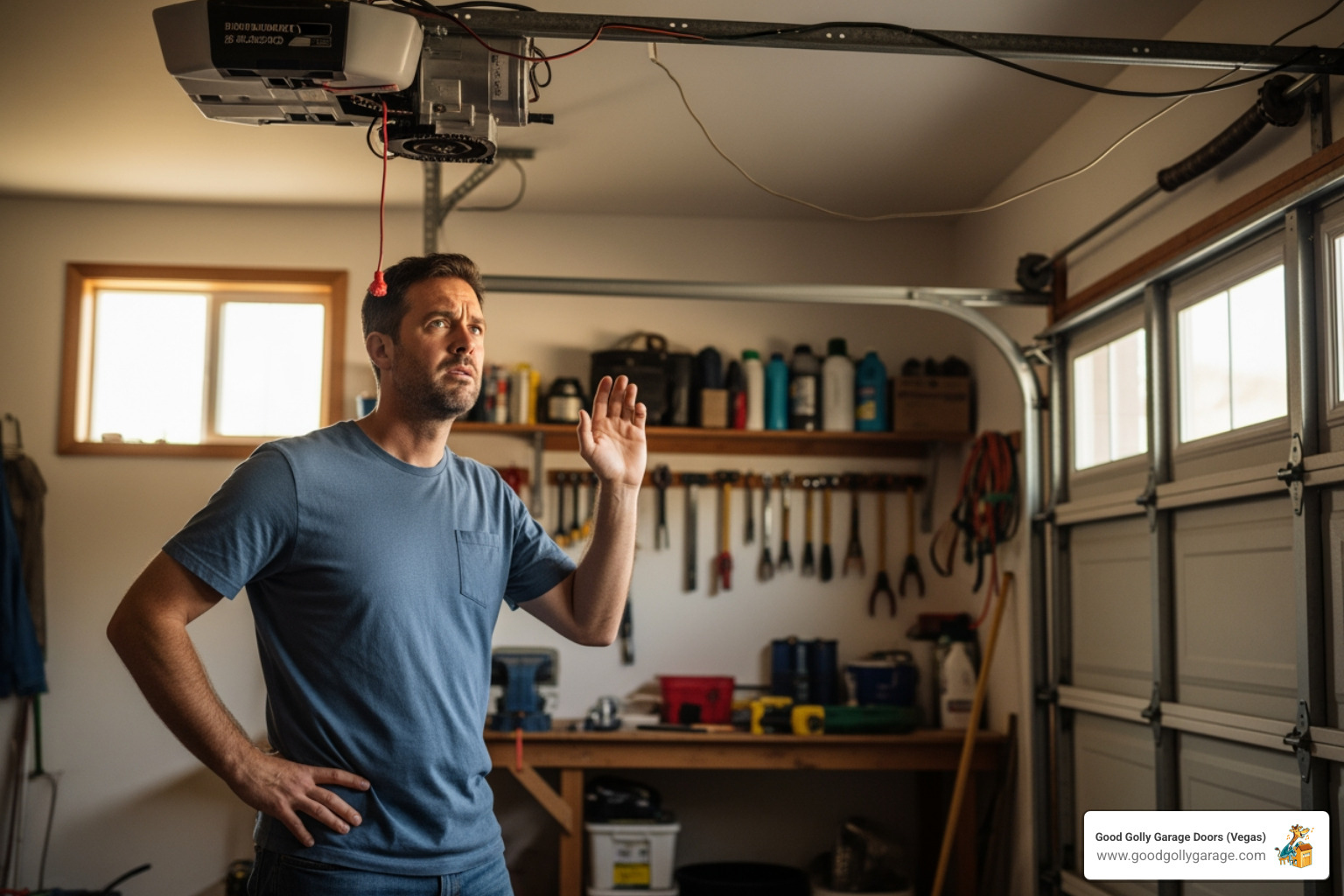 homeowner listening to noisy garage door opener - garage door opener repair las vegas nv