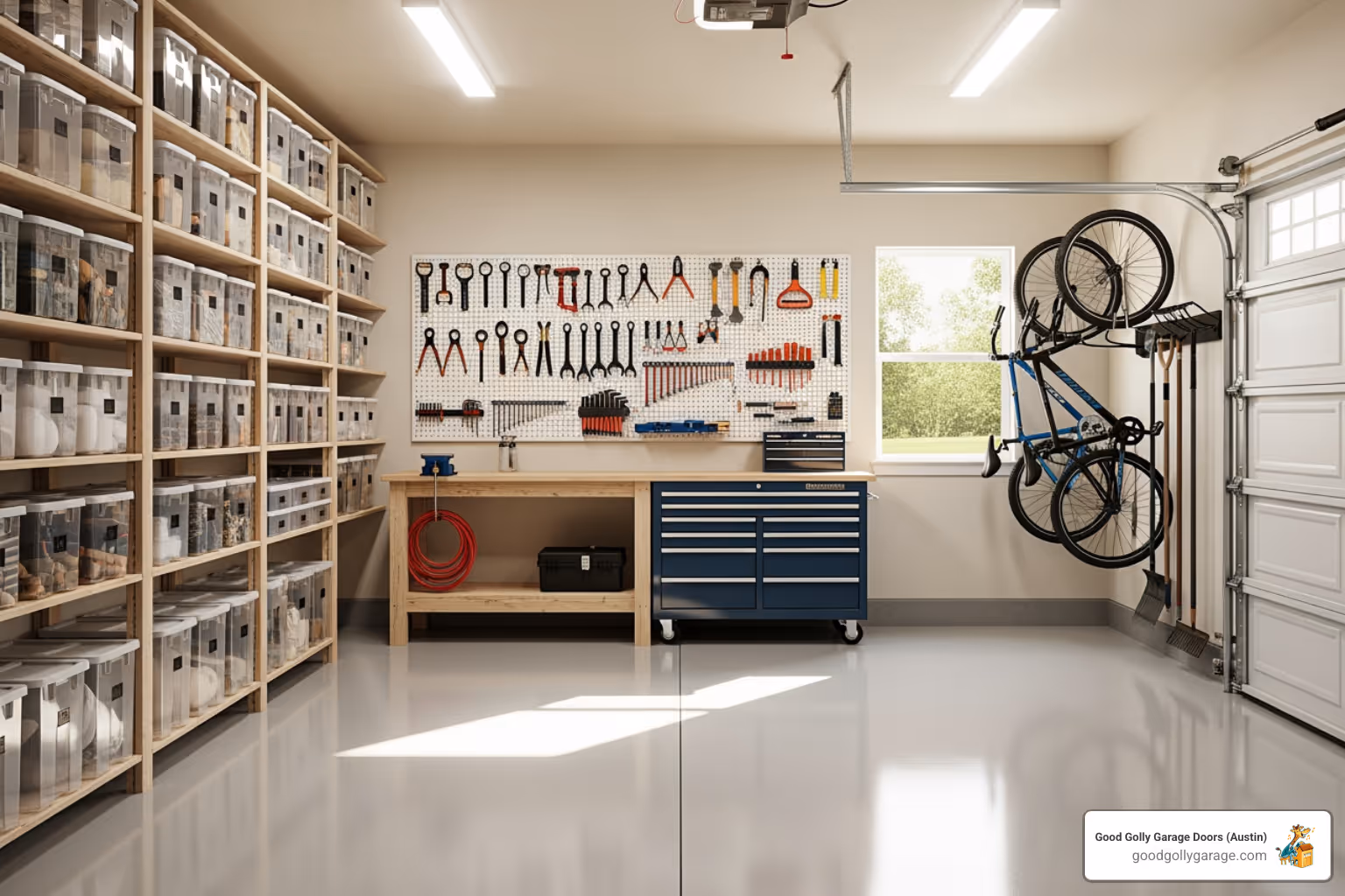 A clean, well-maintained, and organized garage in a Georgetown home, showcasing good preventative measures. - emergency garage door opener repair in georgetown tx